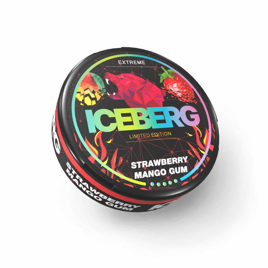 Iceberg Strawberry Mango Gum Nicotine Pouches in the UK - Exotic strawberry and mango gum flavor with 150mg strength.